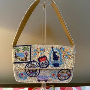 New Viral Travel Passport Stamp Route 66 Beaded Bag “RARE* Made in India